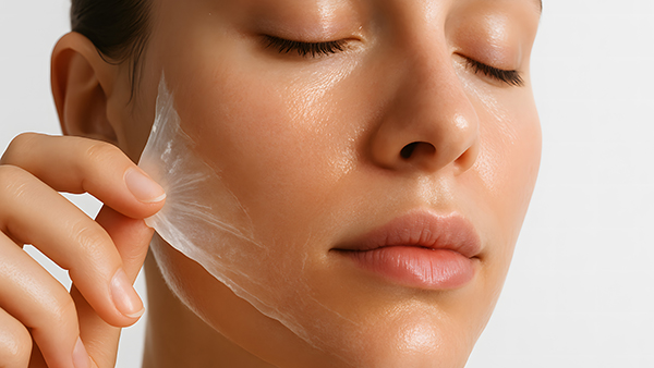 mujer desprendiéndose del peeling químico facial